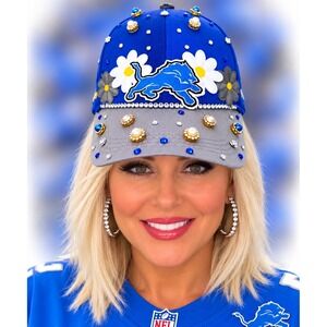 Detroit Lions Custom Embellished Floral Rhinestone Pearl Baseball Hat Blue Grey